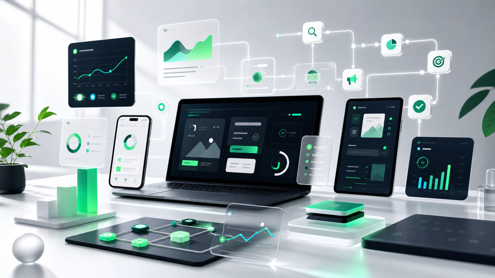 Ecosistema visual de estrategia digital, aplicaciones, analítica y automatización