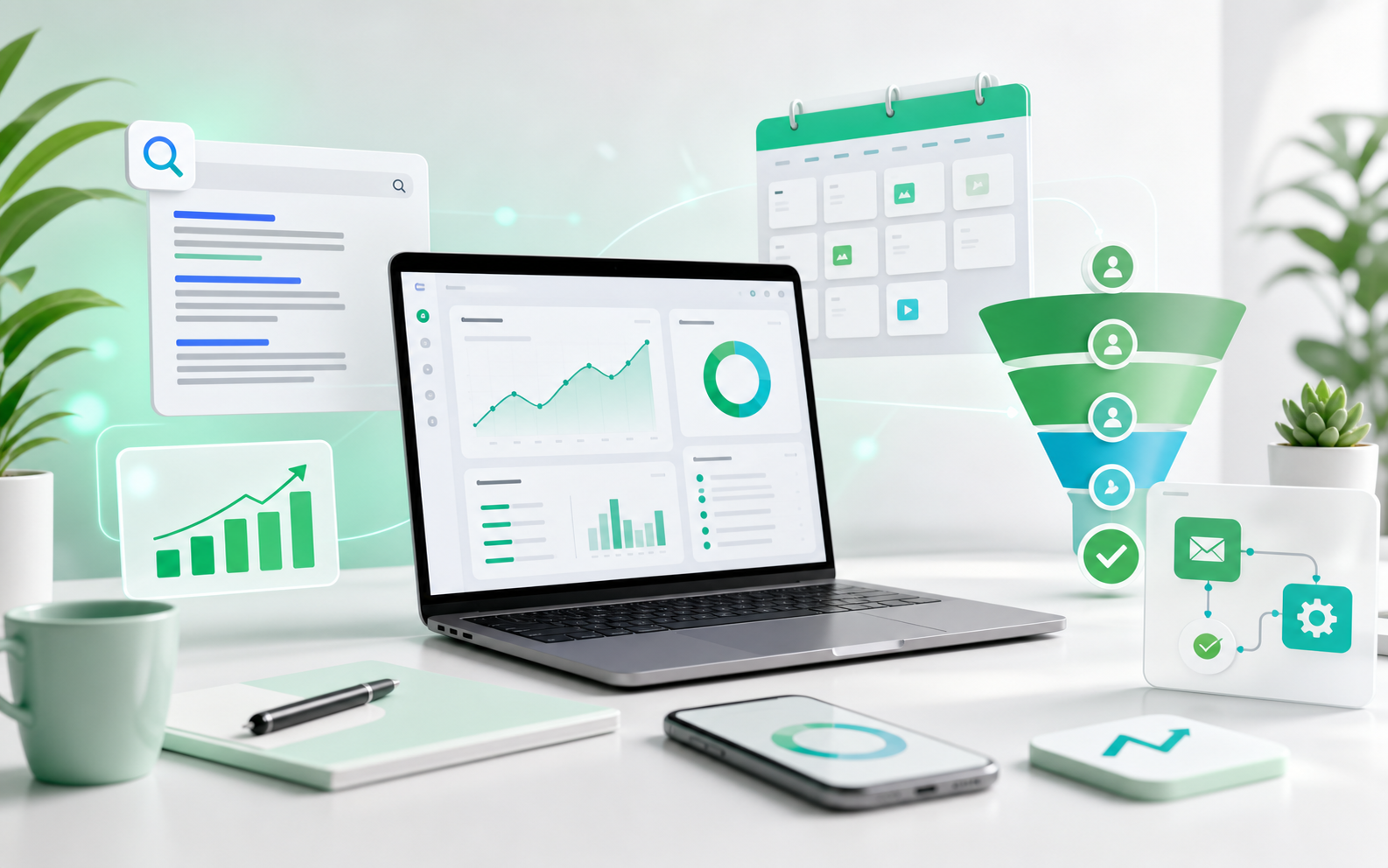 Ecosistema digital con analítica, contenido, SEO, embudo de conversión y automatización