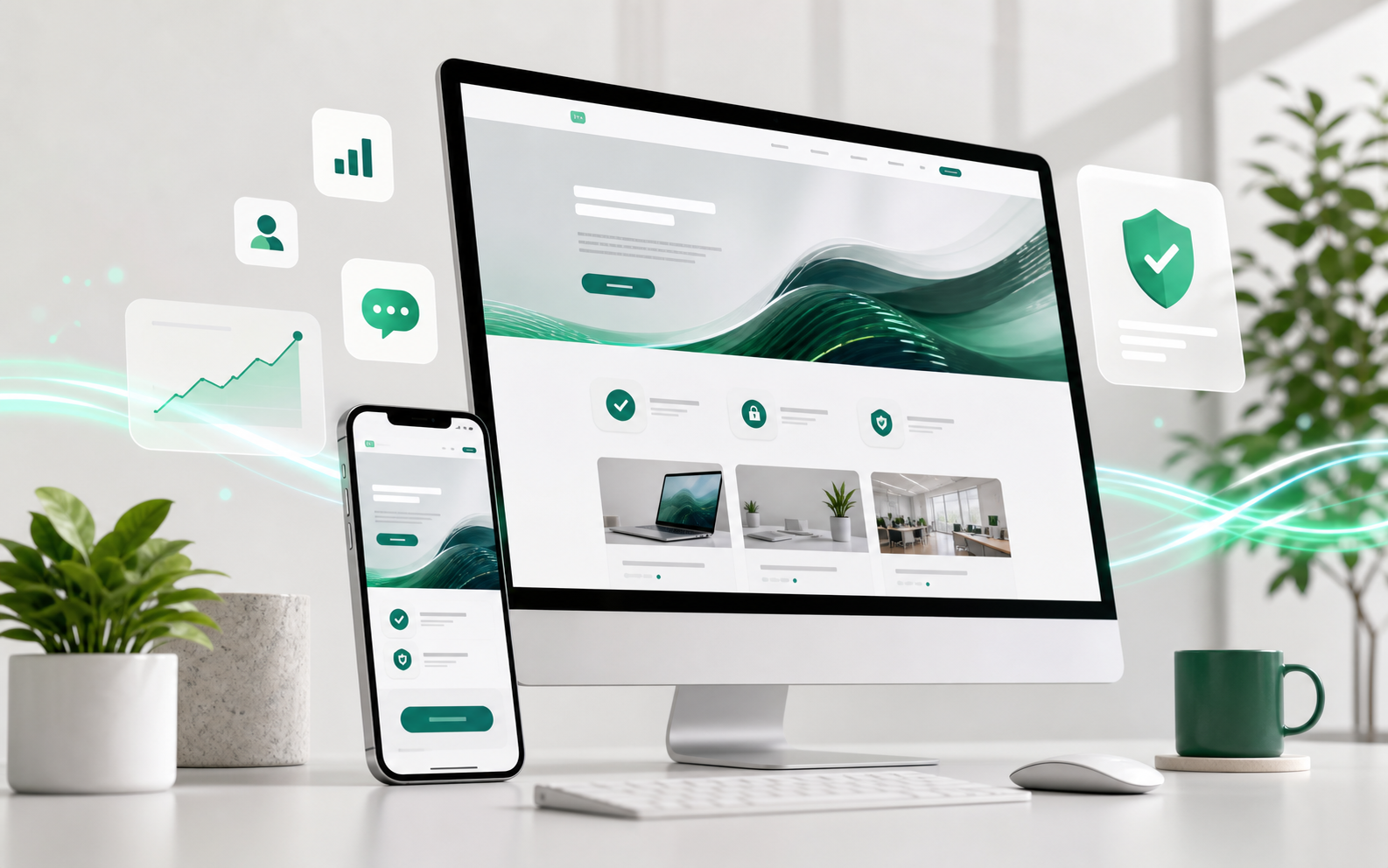Página web profesional con versión móvil, métricas de confianza y elementos de conversión