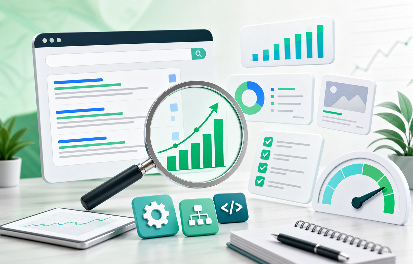 Panel SEO con resultados de búsqueda, analítica, palabras clave y medidor de rendimiento
