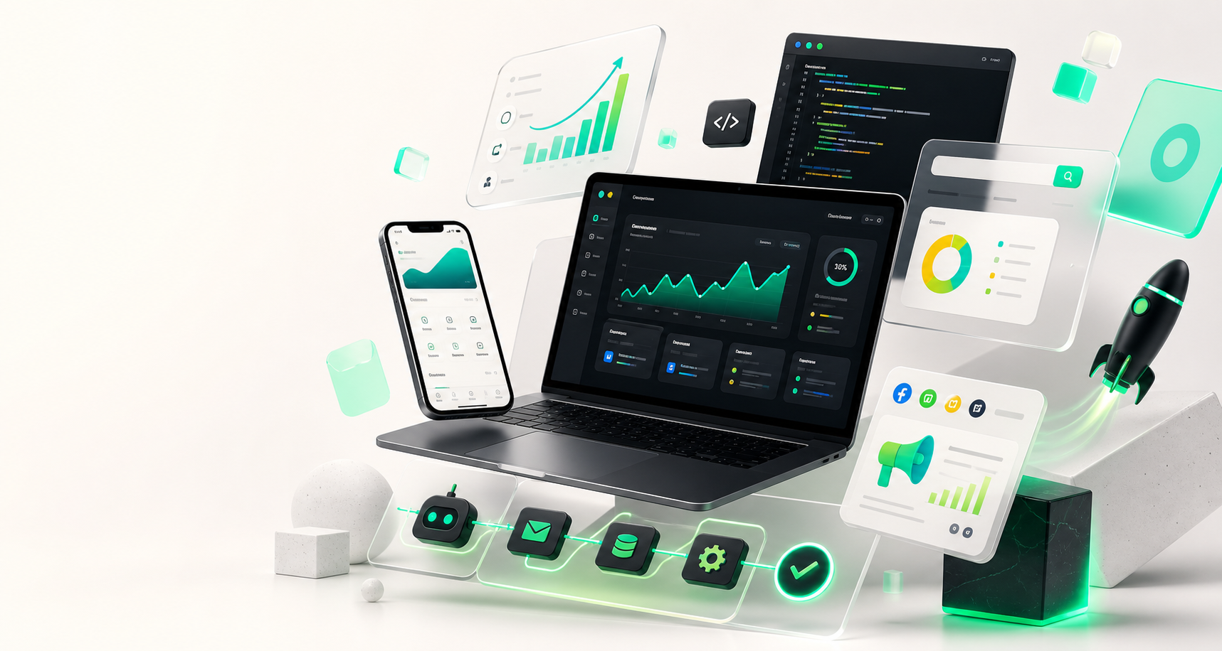 Ecosistema digital con dashboard web, app móvil, analítica SEO, campañas y automatizaciones